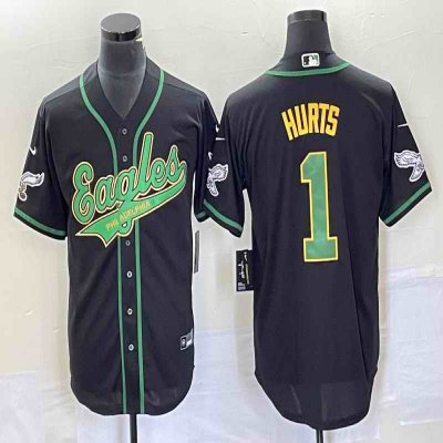 Men's Philadelphia Eagles #1 Jalen Hurts Black Gold Cool Base Stitched Baseball Jersey