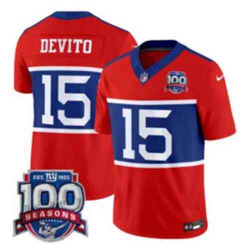 Men's New York Giants #15 Tommy DeVito Century Red F.U.S.E. 100TH Season Commemorative Patch Limited Stitched Football Jersey