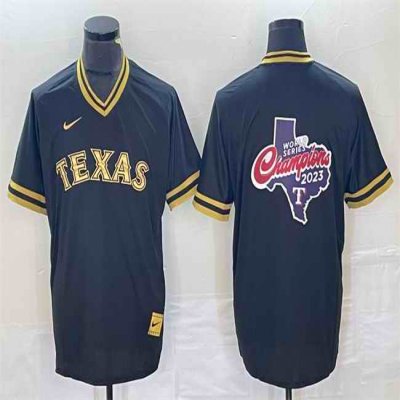 Men's Texas Rangers Black  2023 World Series Champions Big Logo Cool Base Stitched Baseball Jersey