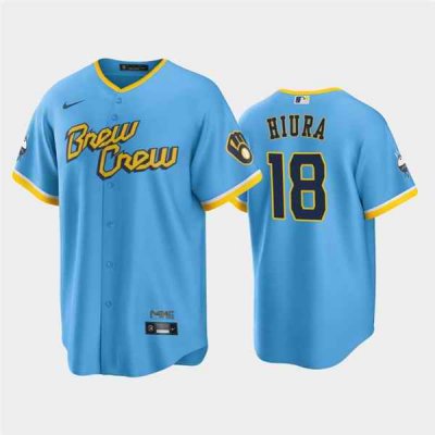 Men's Milwaukee Brewers #18 Keston Hiura 2022 Powder Blue City Connect Cool Base Stitched Jersey