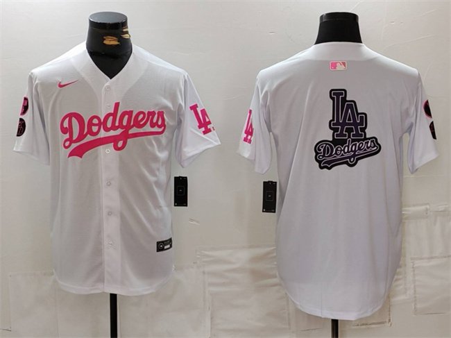 Men's Los Angeles Dodgers Team Big Logo White/Pink Vin & Kobe Patch Stitched Baseball Jersey