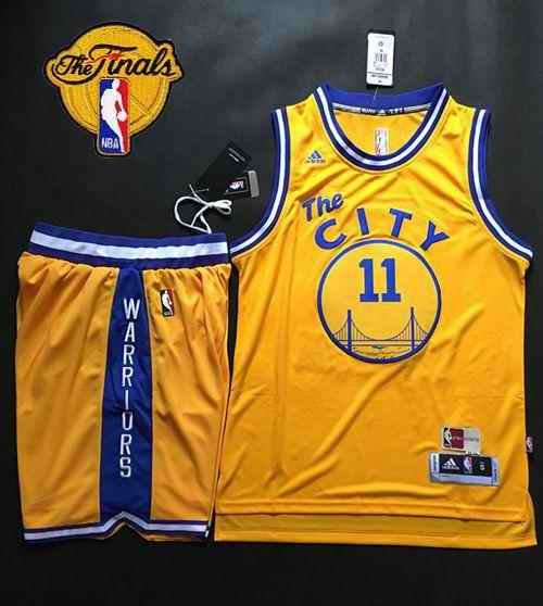 Warriors #11 Klay Thompson Gold Throwback The City A Set The Finals Patch Stitched NBA Jersey