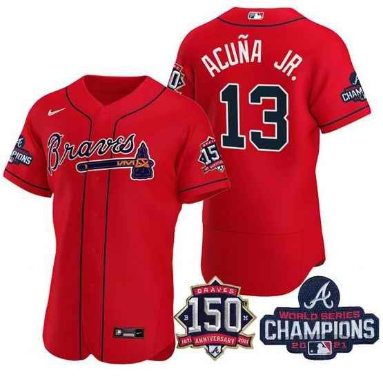 Men's Atlanta Braves #13 Ronald Acuna Jr. 2021 Red World Series Champions With 150th Anniversary Flex Base Stitched Jersey