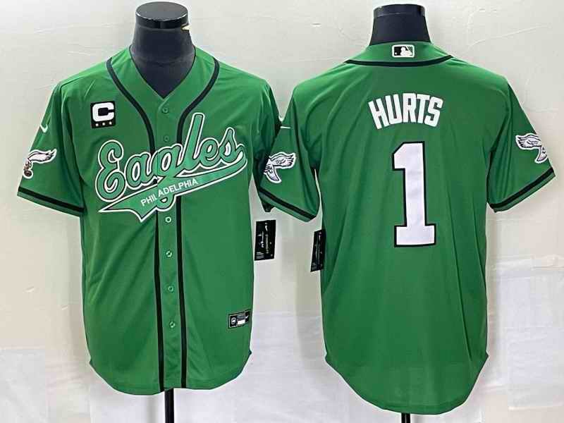 Men's Philadelphia Eagles #1 Jalen Hurts Green With 3-star C Patch Cool Base Stitched Baseball Jersey