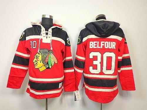 Blackhawks #30 ED Belfour Red Sawyer Hooded Sweatshirt Stitched NHL Jersey