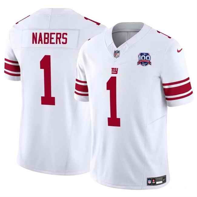 Men's New York Giants #1 Malik Nabers White 2024 Draft F.U.S.E. 100TH Season Patch Vapor Untouchable Limited Stitched Jersey