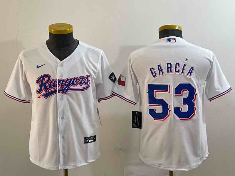 Youth Texas Rangers #53 Adolis Garc'a White With Patch Stitched Baseball Jersey