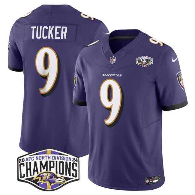 Men's Baltimore Ravens #9 Justin Tucker Purple F.U.S.E 2024 AFC North Division Champions Vapor Limited Football Jersey