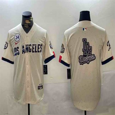 Men's Los Angeles Dodgers Team Big Logo Cream 2024 World Series With No. 34 Patch Limited Stitched Baseball Jersey