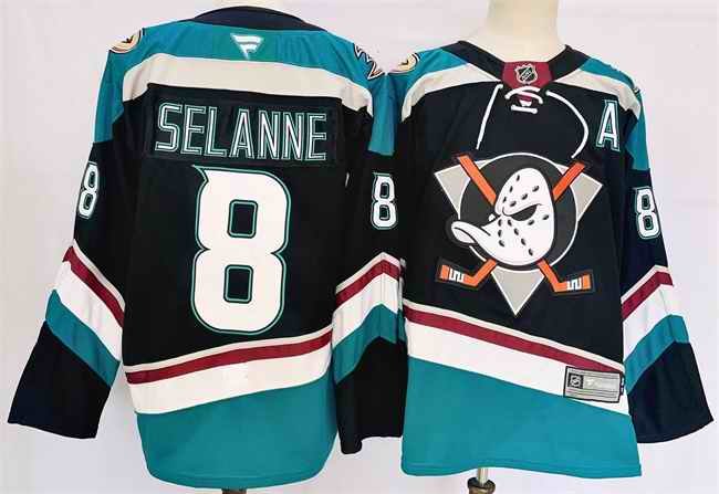 Men's Anaheim Ducks #8 Teemu Selanne Black/Teal 2024-25 Stitched Jersey