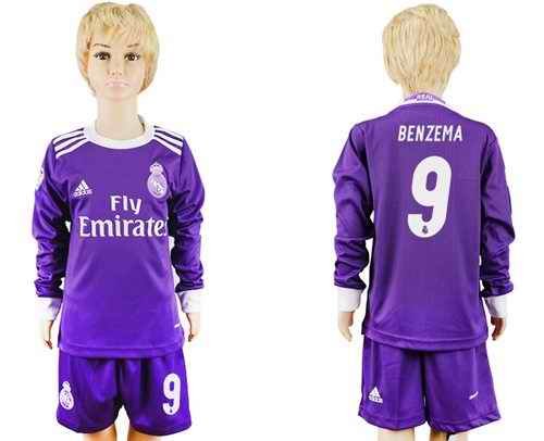 Real Madrid #9 Benzema Away Long Sleeves Kid Soccer Club Jersey