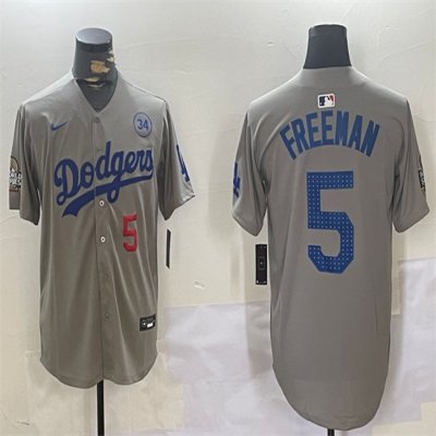 Men's Los Angeles Dodgers #5 Freddie Freeman Grey 2024 World Series With No. 34 Patch Limited Stitched Baseball Jersey