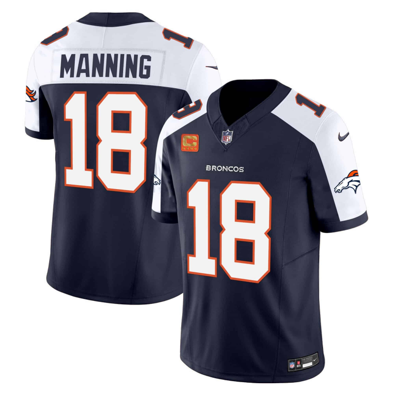 Men's Denver Broncos  #18 Peyton Manning Navy 2024 F.U.S.E. With 4-Star C Patch Vapor Limited Stitched Football Jersey