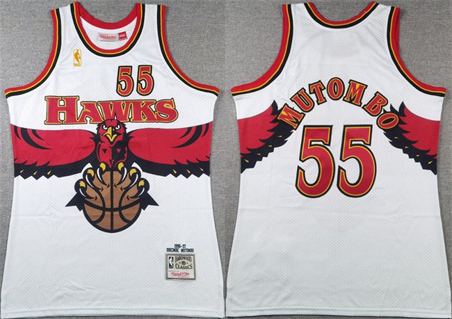 Men's Atlanta Hawks #55 Dikembe Mutombo White 1996-97 Throwback Swingman Stitched Jersey