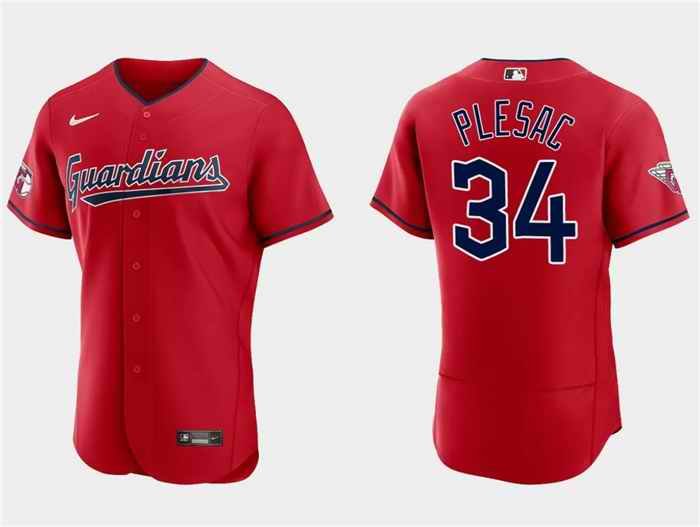 Men's Cleveland Guardians #34 Zach Plesac Red Flex Base Stitched Jersey