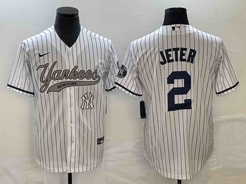 Men's New York Yankees #2 Derek Jeter White With Patch  Cool Base Stitched Baseball Jersey