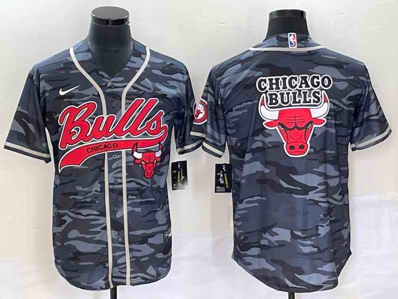 Men's Chicago Bulls Gray Camo Team Big Logo Cool Base Stitched Baseball Jersey