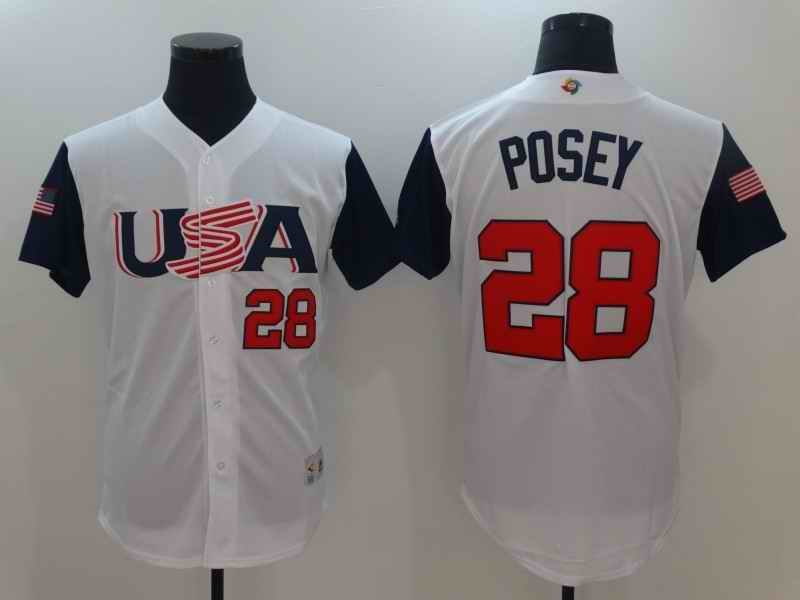 Men's USA Baseball #28 Buster Posey White 2017 World Baseball Classic Stitched WBC Jersey