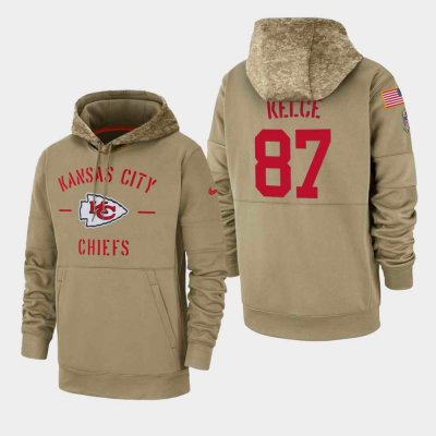 Men's Kansas City Chiefs #87 Travis Kelce  Tan 2019 Salute to Service Sideline Therma Pullover Hoodie