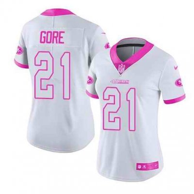 Women's San Francisco 49ers #21 Frank Gore White/Pink Stitched Jersey(Run Small)