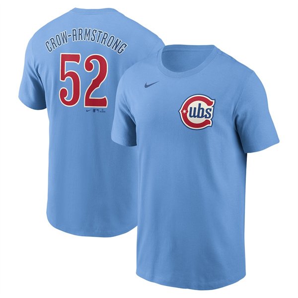 Men's Chicago Cubs #52 Pete Crow-Armstrong Baby Blue Fuse Name & Number T-Shirt