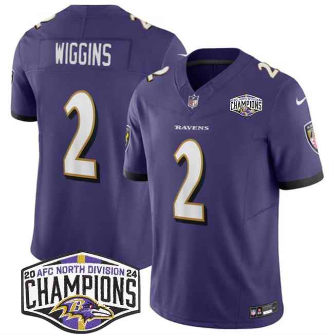 Men's Baltimore Ravens #2 Nate Wiggins Purple F.U.S.E 2024 AFC North Division Champions Vapor Limited Football Jersey