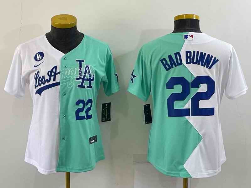 Women's Los Angeles Dodgers #22 Bad Bunny 2022 All-Star White/Green Split Stitched Baseball Jersey(Run Small)