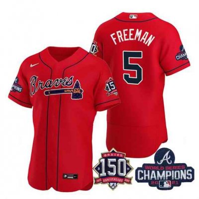 Men's Atlanta Braves #5 Freddie Freeman 2021 Red World Series Champions With 150th Anniversary Flex Base Stitched Jersey