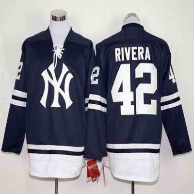 Yankees #42 Mariano Rivera Navy Blue Long Sleeve Stitched MLB Jersey