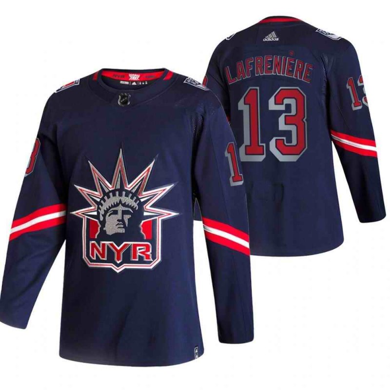 Men's New York Rangers #13 Alexis Lafreni're 2021 Navy Reverse Retro Stitched Jersey