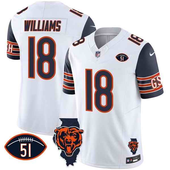 Men's Chicago Bears #18 Caleb Williams White/Navy F.U.S.E. With Illinois and No. 51 Patch Stitched Football Jersey