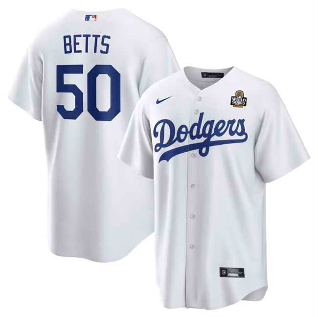 Men's Los Angeles Dodgers #50 Mookie Betts White 2024 World Series Cool Base Stitched Baseball Jersey