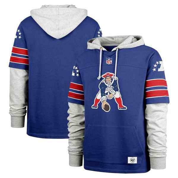 Men's New England Patriots Royal '47 Double Header Blitz Throwback Cornerback Pullover Hoodie