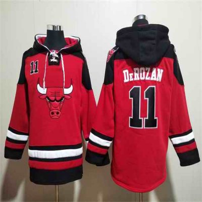 Men's Chicago Bulls #11 DeMar DeRozan Red/Black Ageless Must-Have Lace-Up Pullover Hoodie