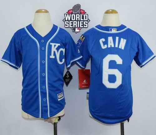 Royals #6 Lorenzo Cain Blue Alternate 2 Cool Base W/2015 World Series Patch Stitched Youth MLB Jersey