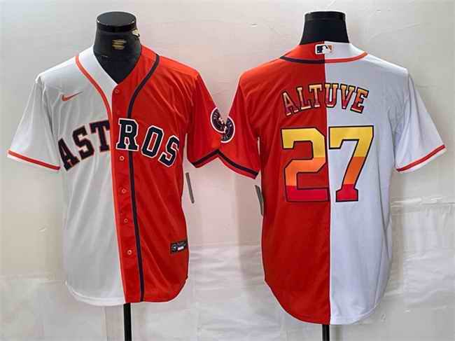 Men's Houston Astros #27 Jose Altuve White/Orange Split With Patch Cool Base Stitched Baseball Jersey