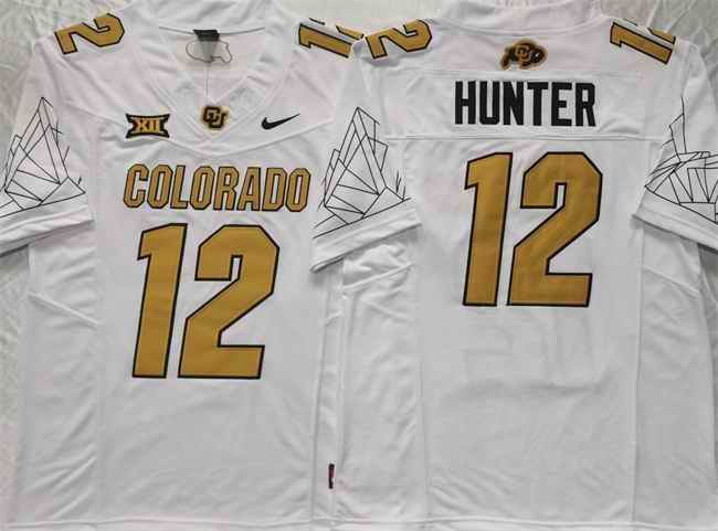 Men's Colorado Buffaloes #12 Travis Hunter White With Big 12 XII Patch 2024 F.U.S.E Stitched Football Jersey