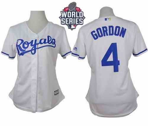 Royals #4 Alex Gordon White Home W/2015 World Series Patch Women's Stitched MLB Jersey