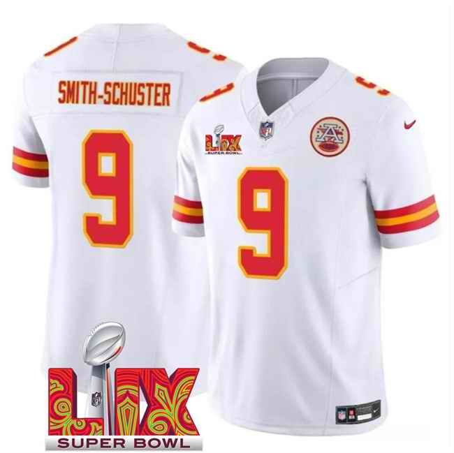 Men's Kansas City Chiefs #9 JuJu Smith-Schuster White 2025 Super Bowl LIX Patch F.U.S.E. Vapor Limited Stitched Football Jersey