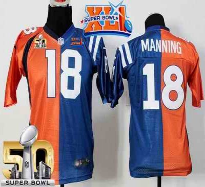 Nike Broncos #18 Peyton Manning Orange/Blue Super Bowl XLI & Super Bowl 50 Youth Stitched NFL Elite Split Colts Jersey