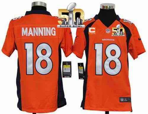 Nike Broncos #18 Peyton Manning Orange Team Color With C Patch Super Bowl 50 Youth Stitched NFL Elite Jersey