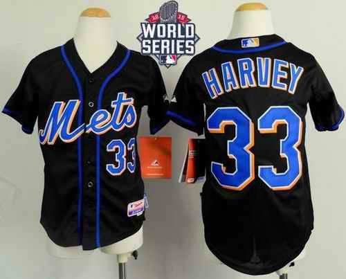 Mets #33 Matt Harvey Black Cool Base W/2015 World Series Patch Stitched Youth MLB Jersey