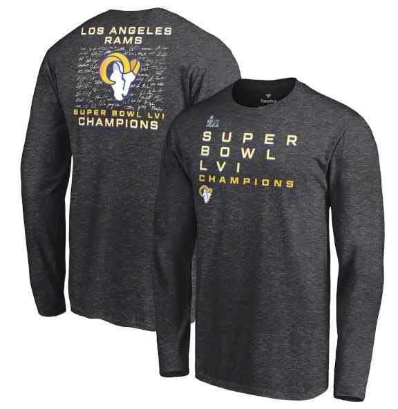 Men's Los Angeles Rams 2022 Heathered Charcoal Super Bowl LVI Champions Roster Signature Long Sleeve T-Shirt