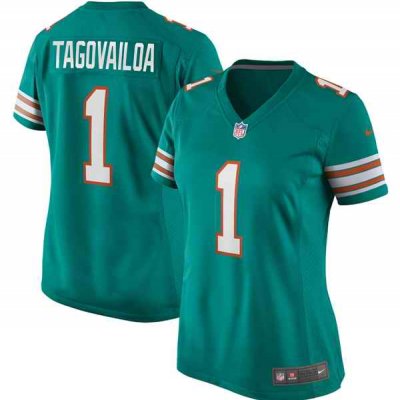 Women's Miami Dolphins #1 Tua Tagovailoa Aqua Color Rush Stitched Jersey(Run Small)