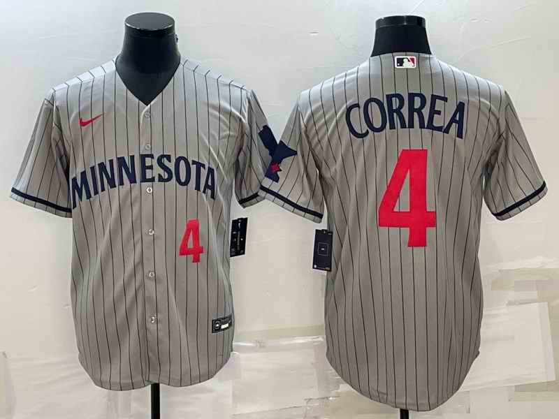 Men's Minnesota Twins #4 Carlos Correa 2023 Grey Home Team Cool Base Stitched Jersey