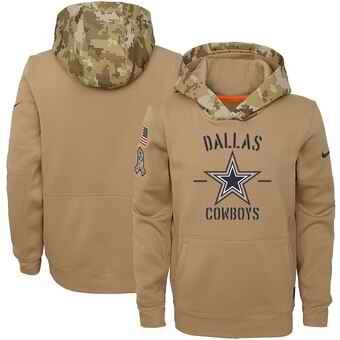 Youth Dallas Cowboys Khaki 2019 Salute to Service Therma Pullover Hoodie