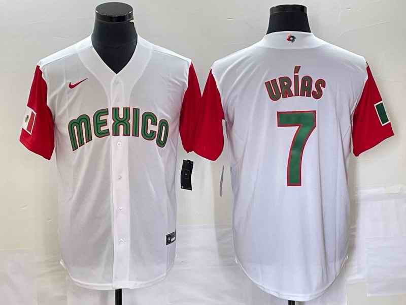 Men's Mexico Baseball #7 Julio Ur'as 2023 White Red World Baseball With Patch Classic Stitched Jersey