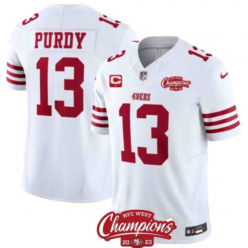 Men's San Francisco 49ers #13 Brock Purdy White 2023 F.U.S.E. With 1-Star C Patch And NFC West Champions Patch Stitched Football Jersey