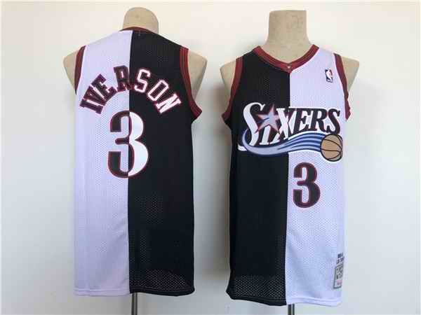 Men's Philadelphia 76ers #3 Allen Iverson White/Black Splite Throwback basketball Jersey