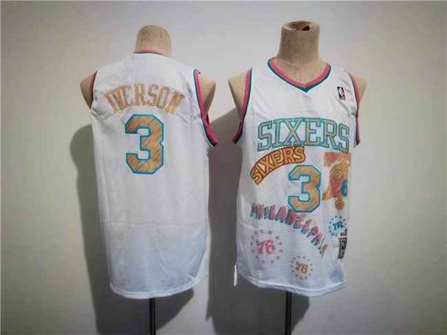 Men's Philadelphia 76ers #3 Allen Iverson White Throwback basketball Jersey